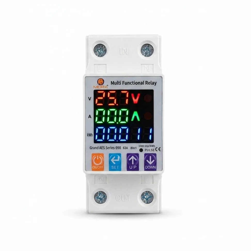 Mora 8in1 Voltage Protector | Over & Under Voltage Protective Device with kWh Meter, Unit(KWh) Lock, Frequency & Power Display